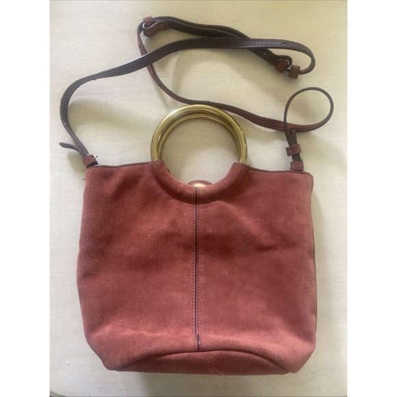 J. Crew Frankie RustBrown Suede Bucket Bag Purse Brass Bracelet Handles NWT Read